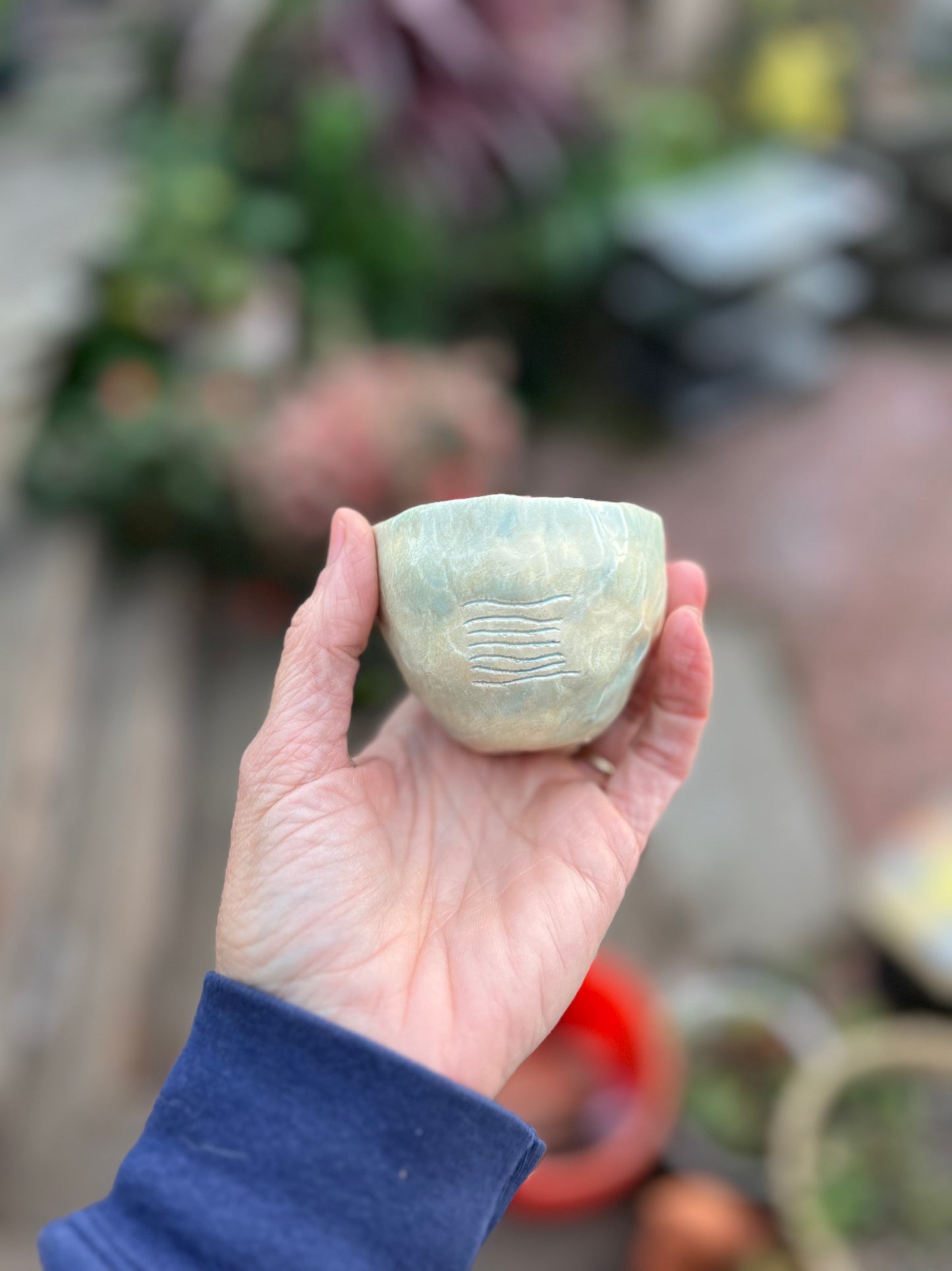 SOLD - mottled river sgraffito cup/bowl samples/seconds/sale piece