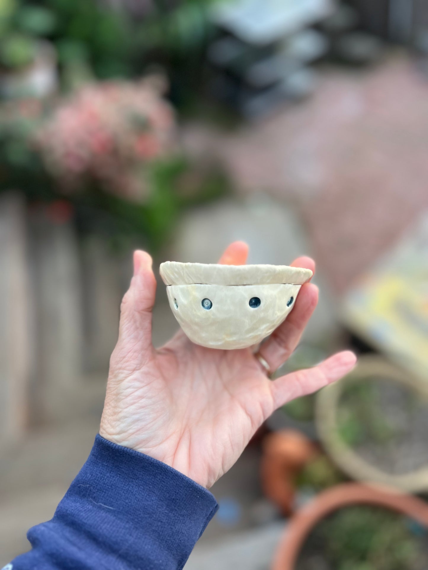 blue dots & cream sgraffito cup/bowl samples/seconds/sale piece