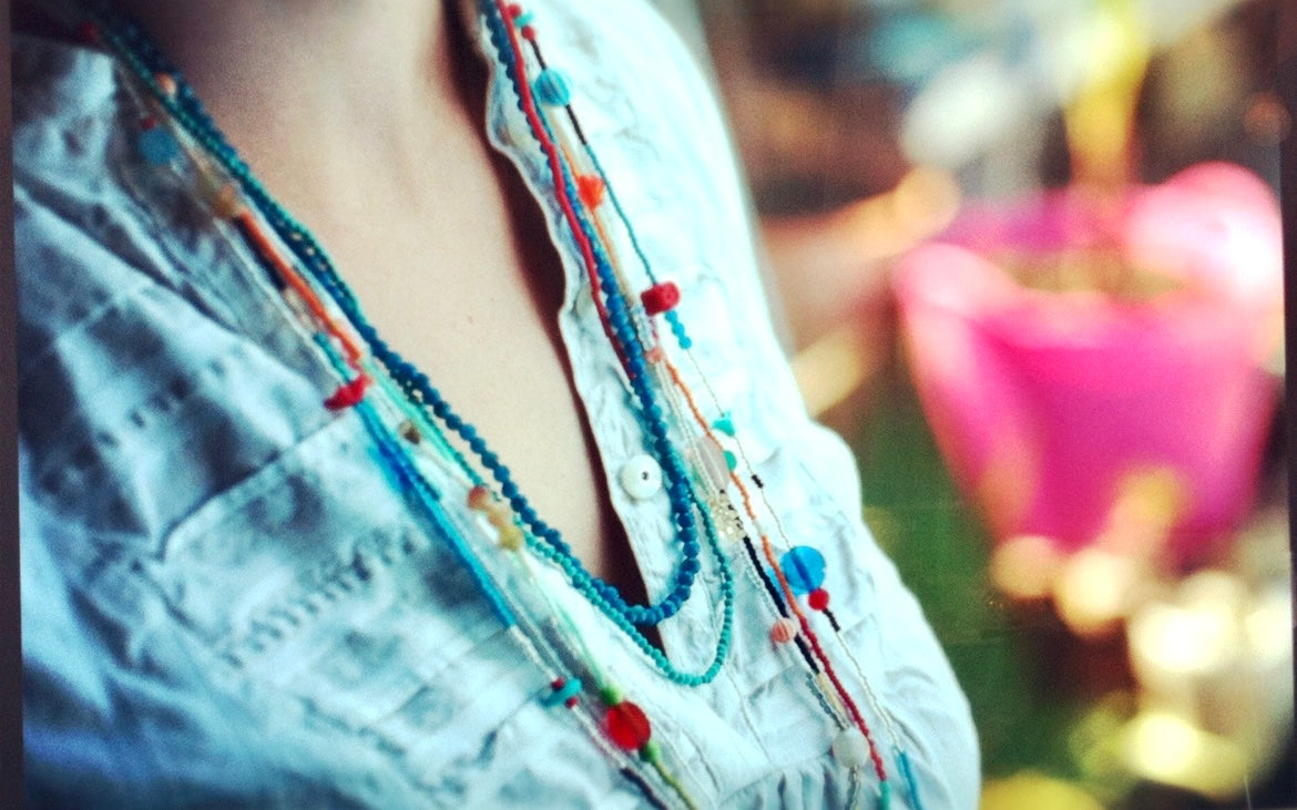 vintage stacked bead strand necklace; ceramic, glass, lucite…