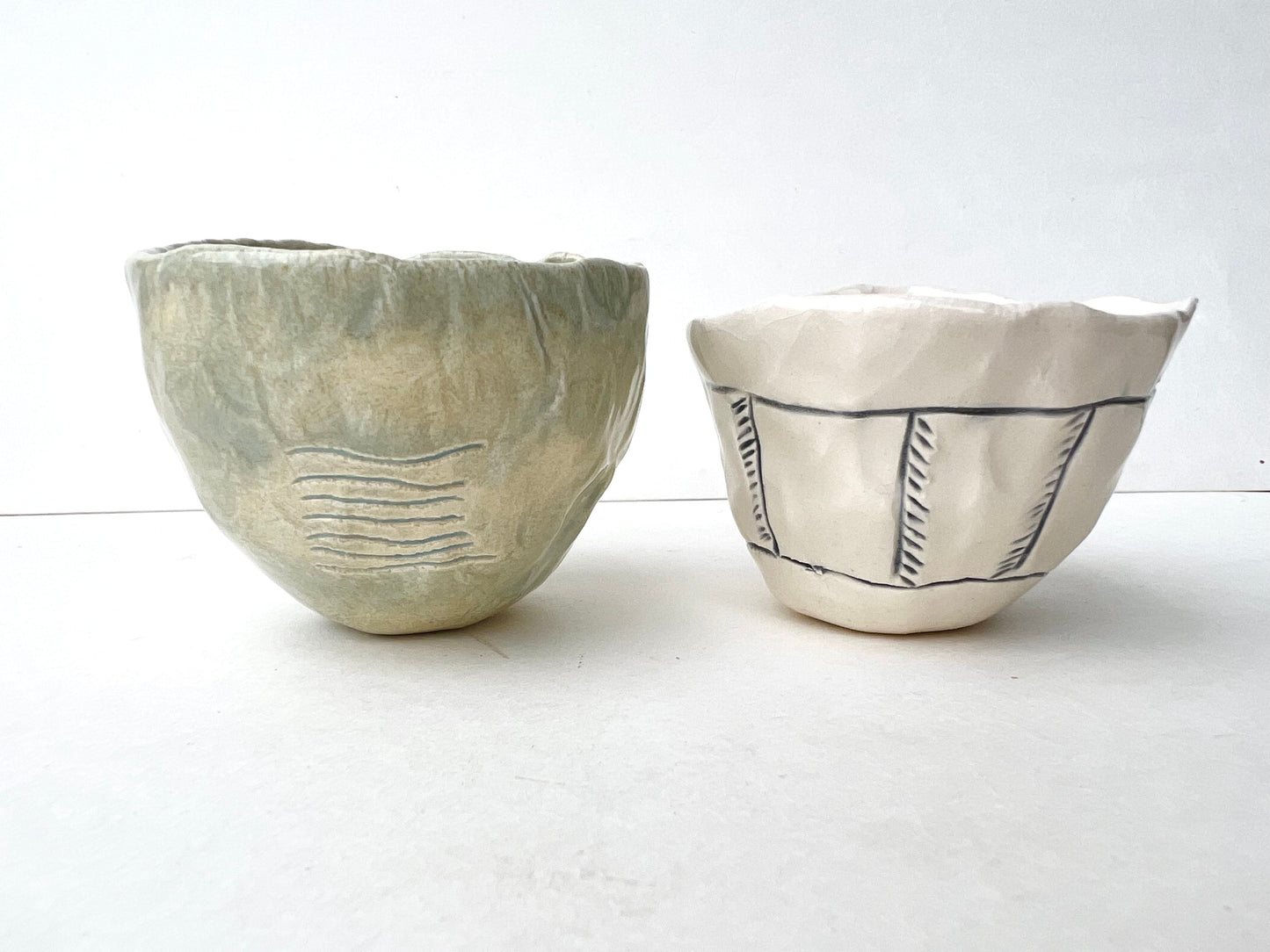 SOLD - mottled river sgraffito cup/bowl samples/seconds/sale piece