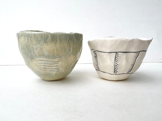 SOLD - mottled river sgraffito cup/bowl samples/seconds/sale piece