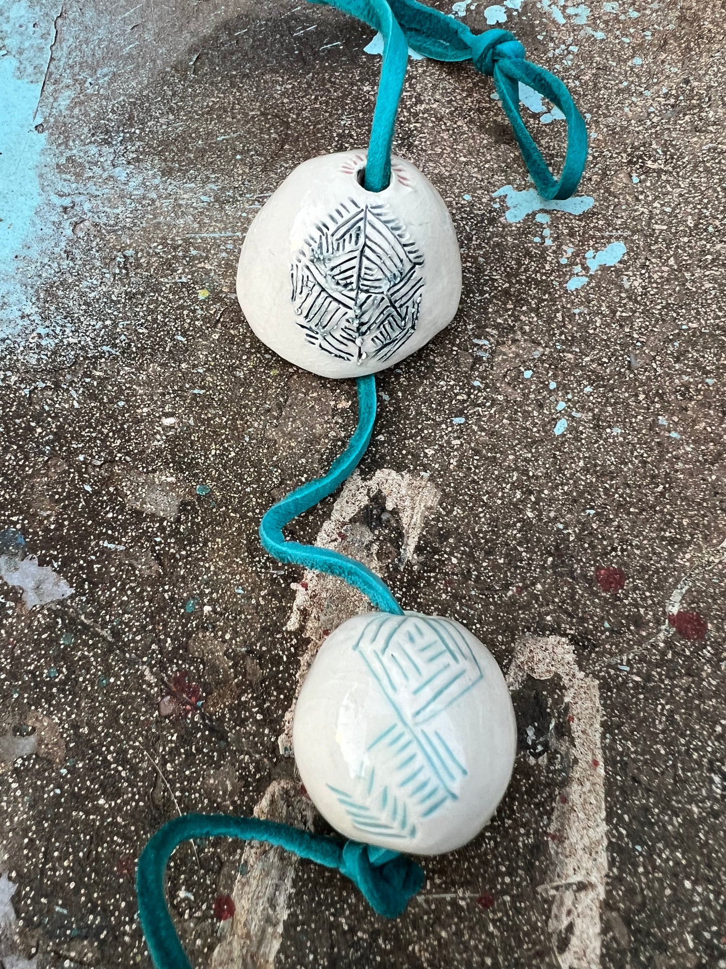 SOLD - sculptural celadon & sgraffito bell bead piece - samples/seconds/sale