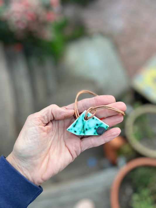 copper splatter geometric jewelry on tan leather cord samples/seconds/sale piece