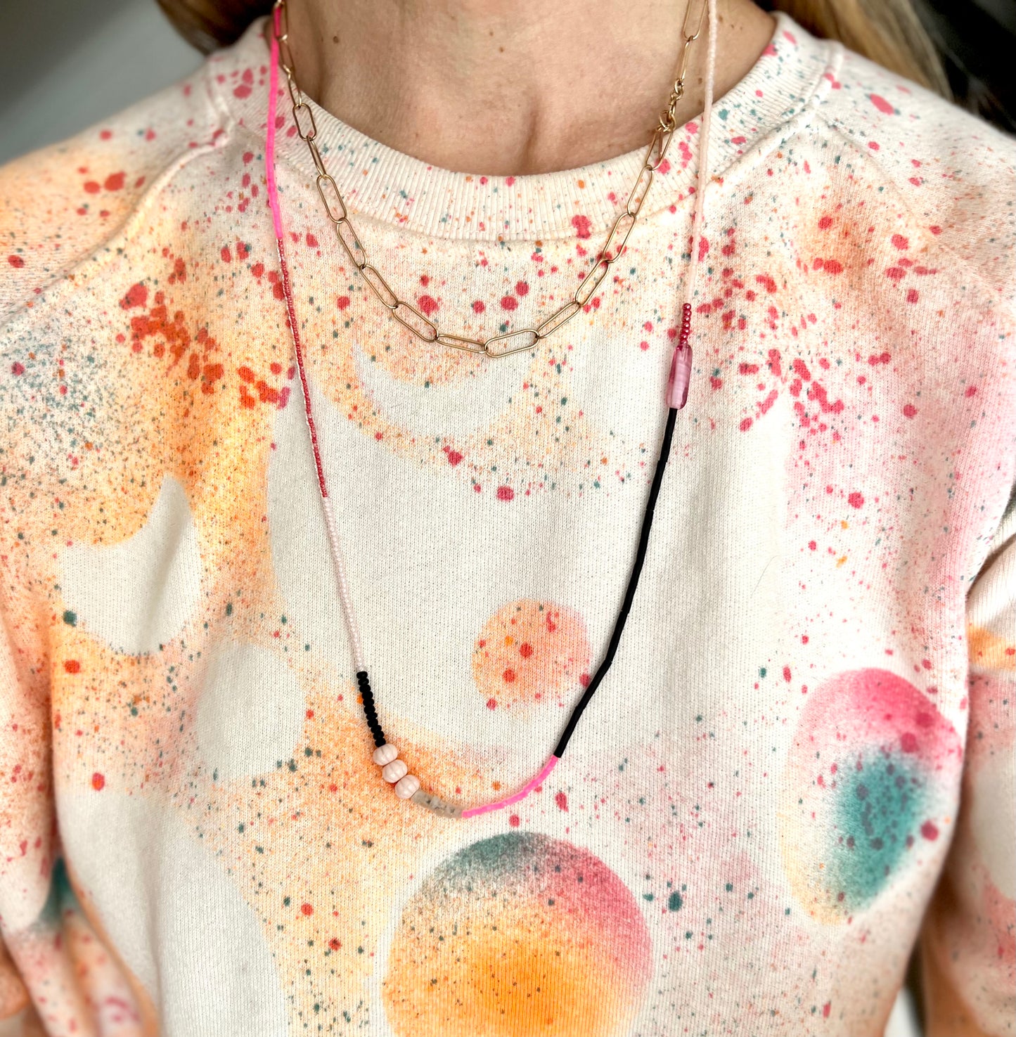 vintage stacked bead strand necklace; ceramic, glass, lucite…