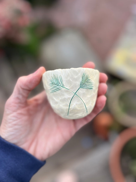 SOLD - palm leaves sgraffito cup/bowl samples/seconds/sale piece