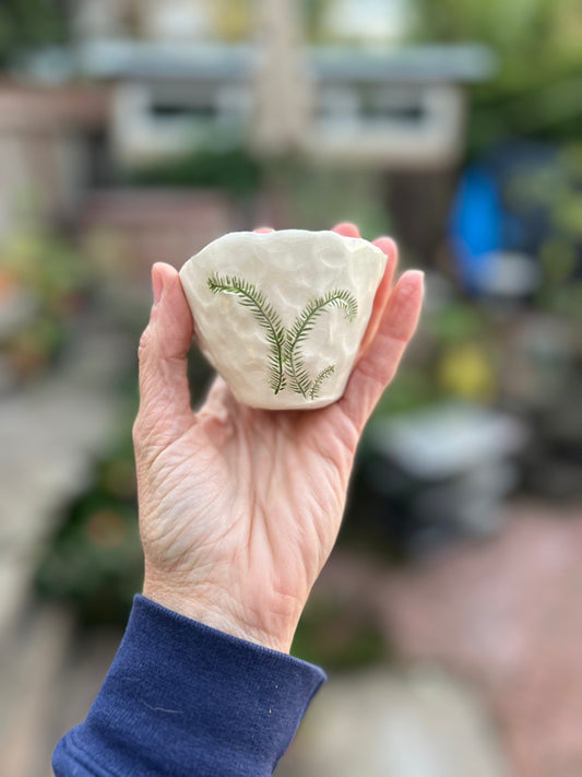 SOLD - green fern sgraffito cup/bowl samples/seconds/sale piece