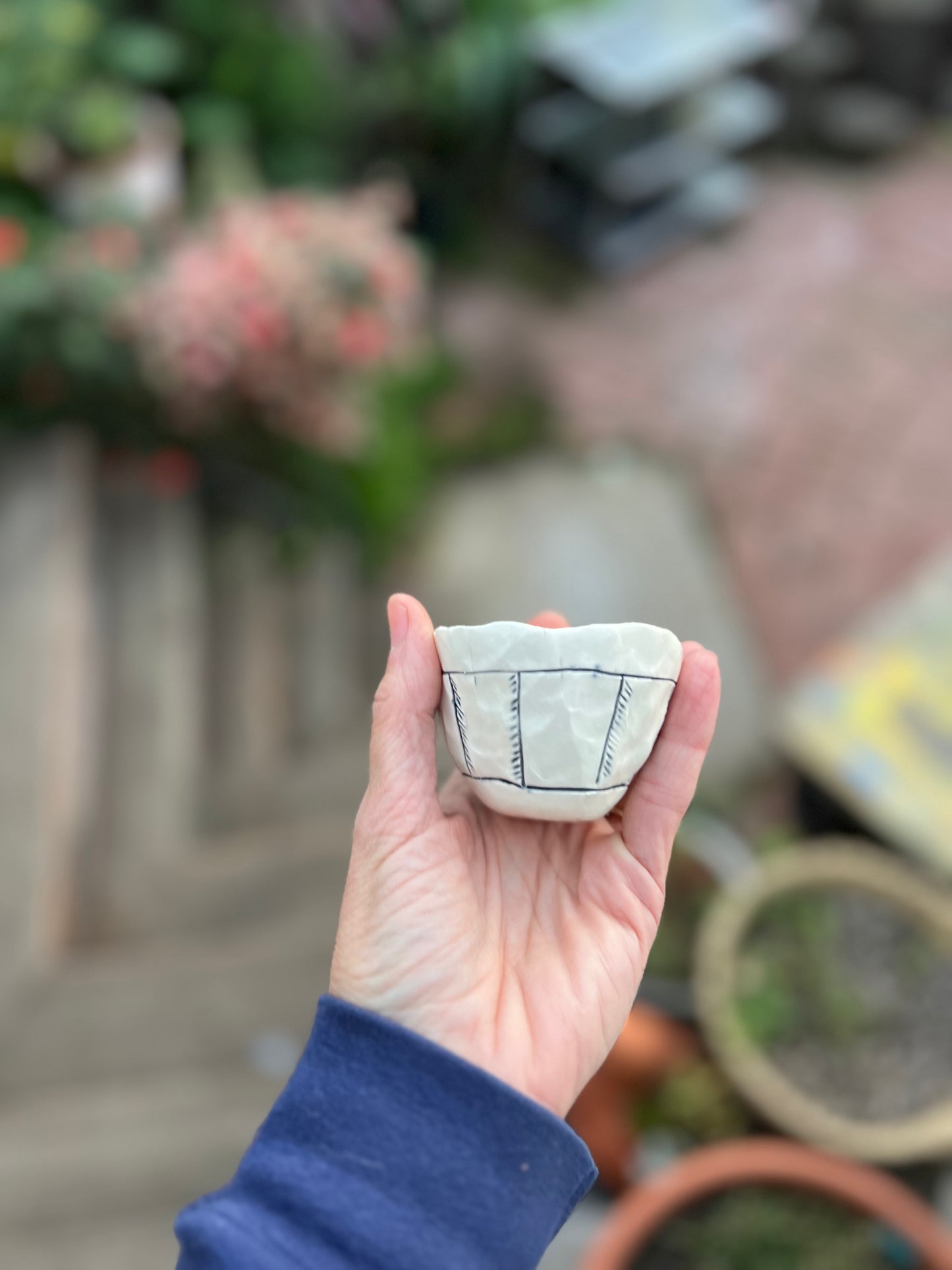 blue geometric sgraffito cup/bowl samples/seconds/sale piece