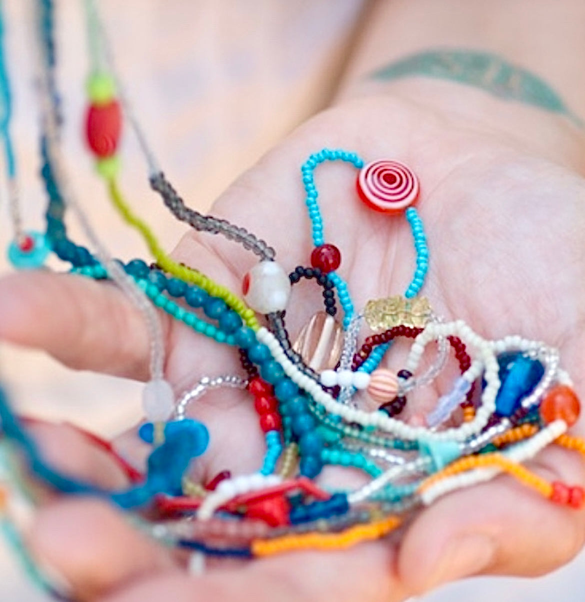 vintage stacked bead strand necklace; ceramic, glass, lucite…