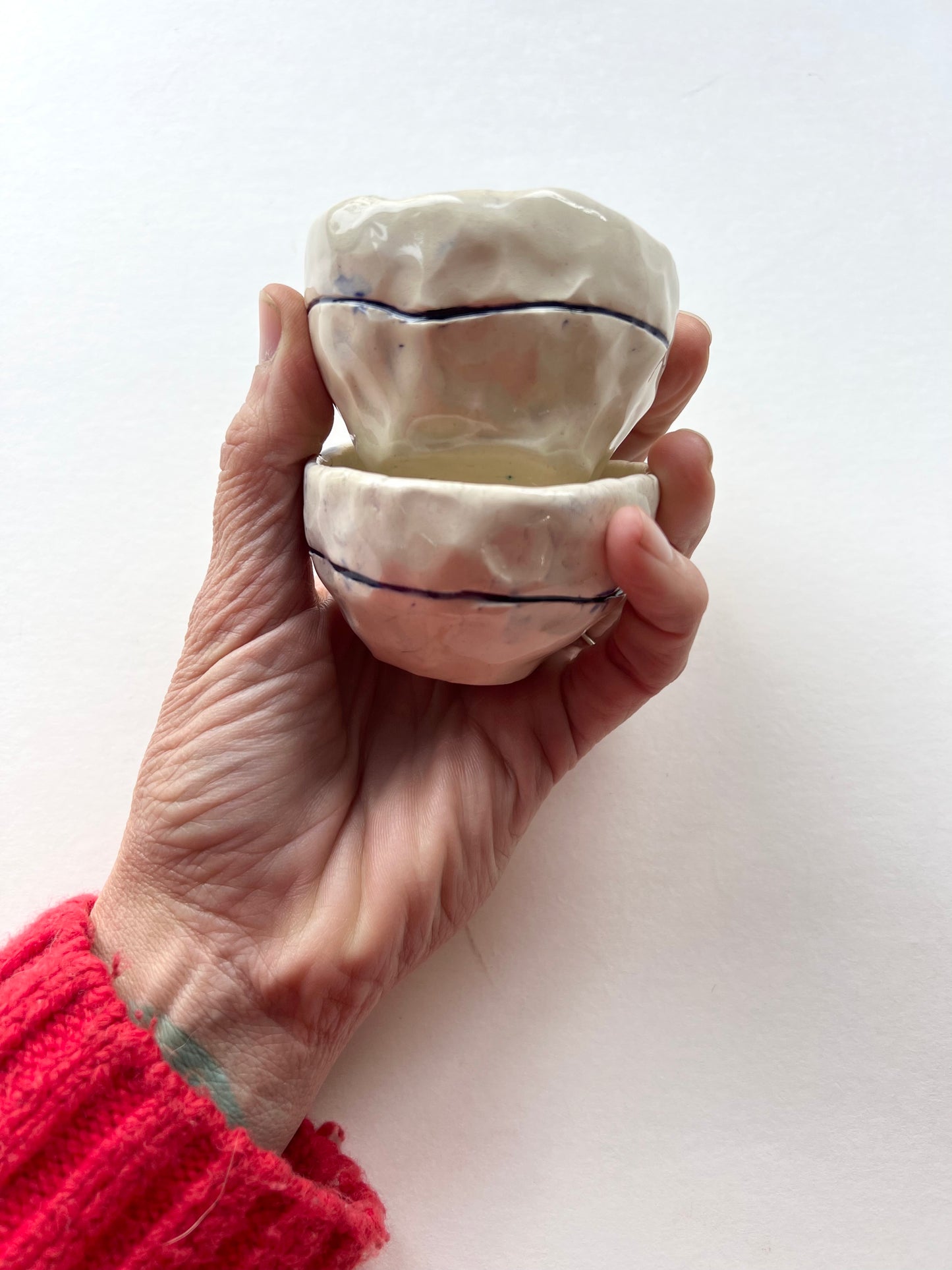 set of 2 small cobalt blue stripe pinched cups samples/seconds/sale pieces