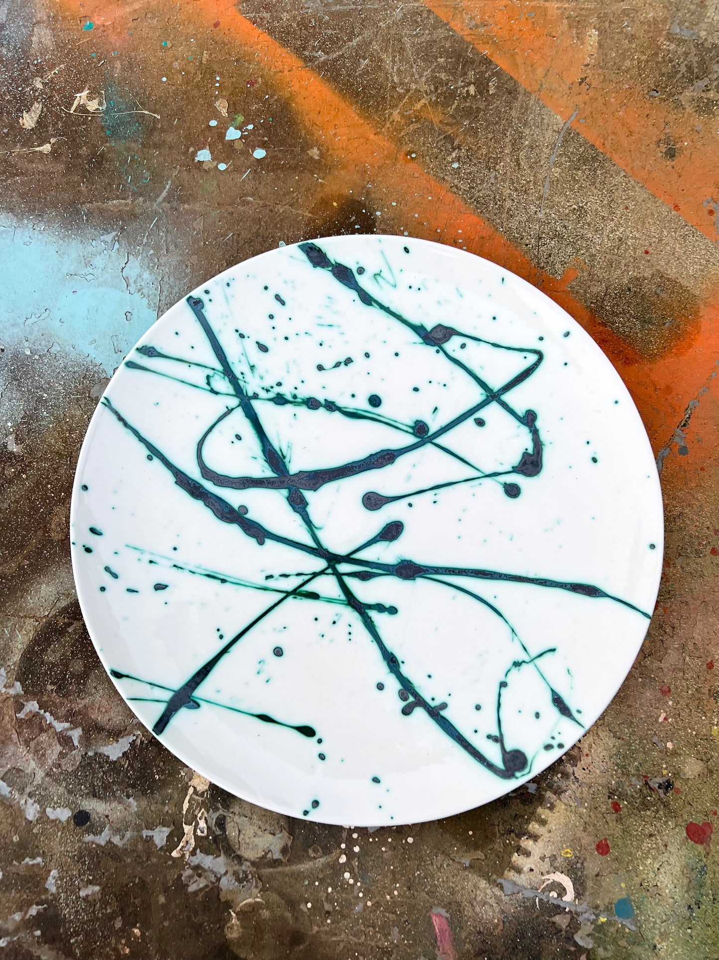 SOLD - copper splatter charger-serving plate samples/seconds/sale piece
