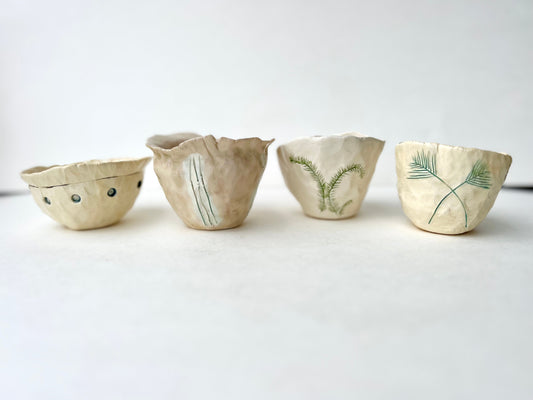 SOLD - palm leaves sgraffito cup/bowl samples/seconds/sale piece