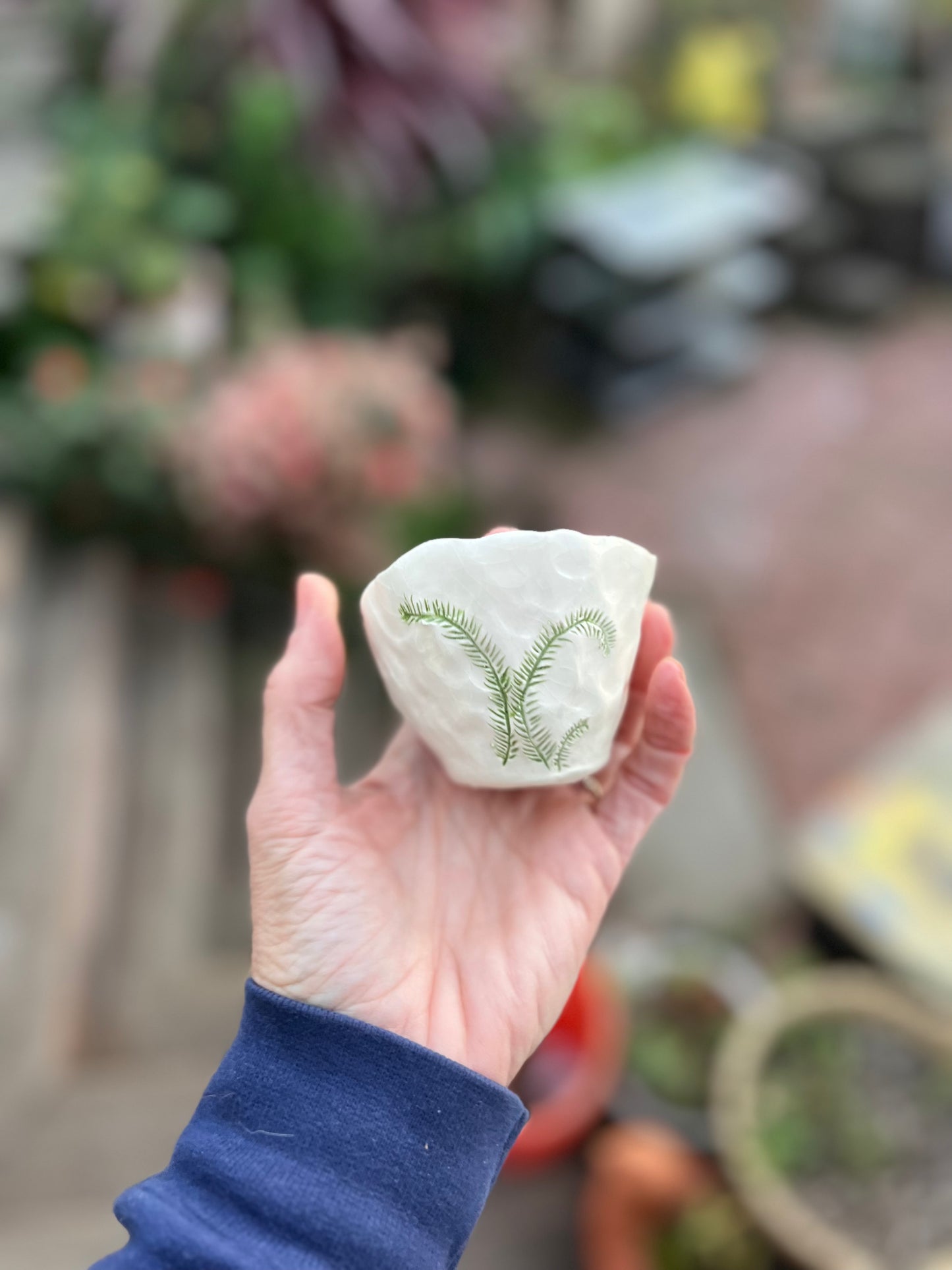 SOLD - green fern sgraffito cup/bowl samples/seconds/sale piece