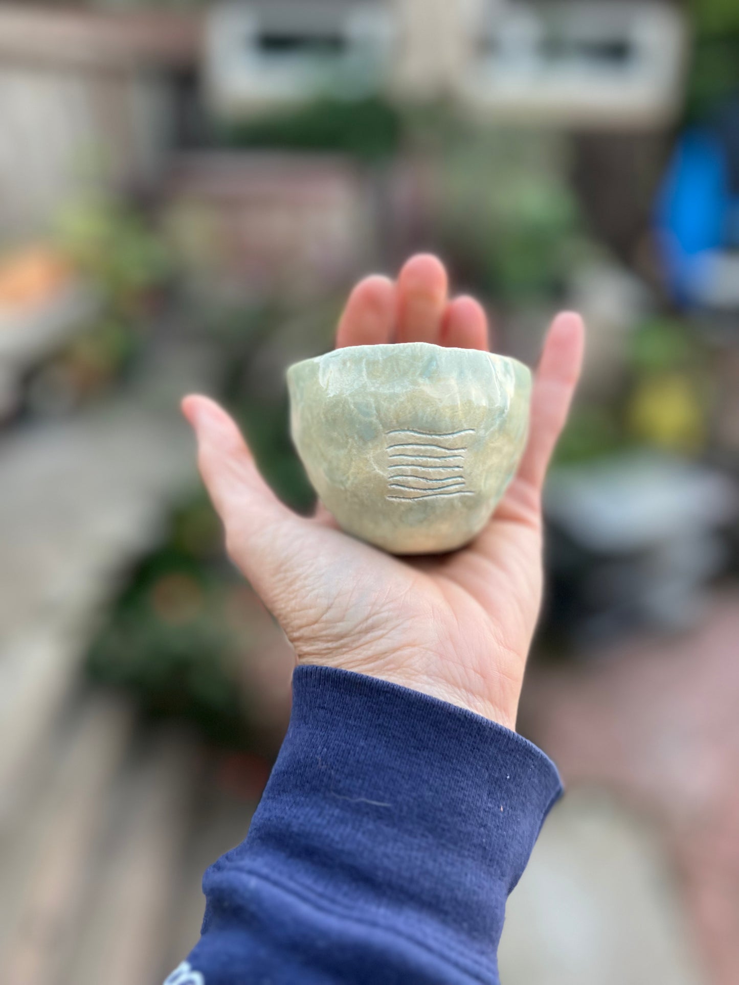 SOLD - mottled river sgraffito cup/bowl samples/seconds/sale piece