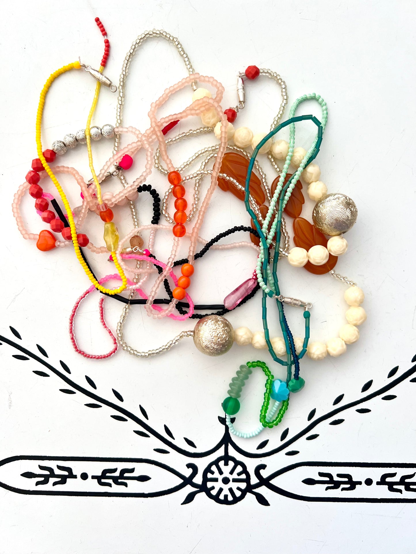 vintage stacked bead strand necklace; ceramic, glass, lucite…