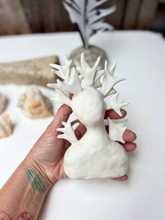 one of a kind ceramic statuette sculpture; petit faon antlered