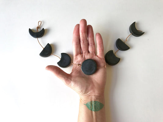 you are my moon; burnished steel ceramic moon phases vertical wall hanging