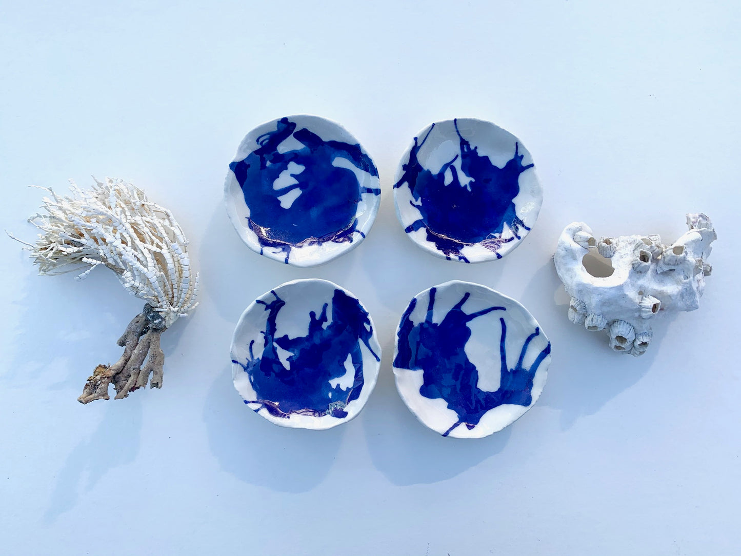 2 cobalt seaweed rests / one of a kind ceramic mini ocean plate sets