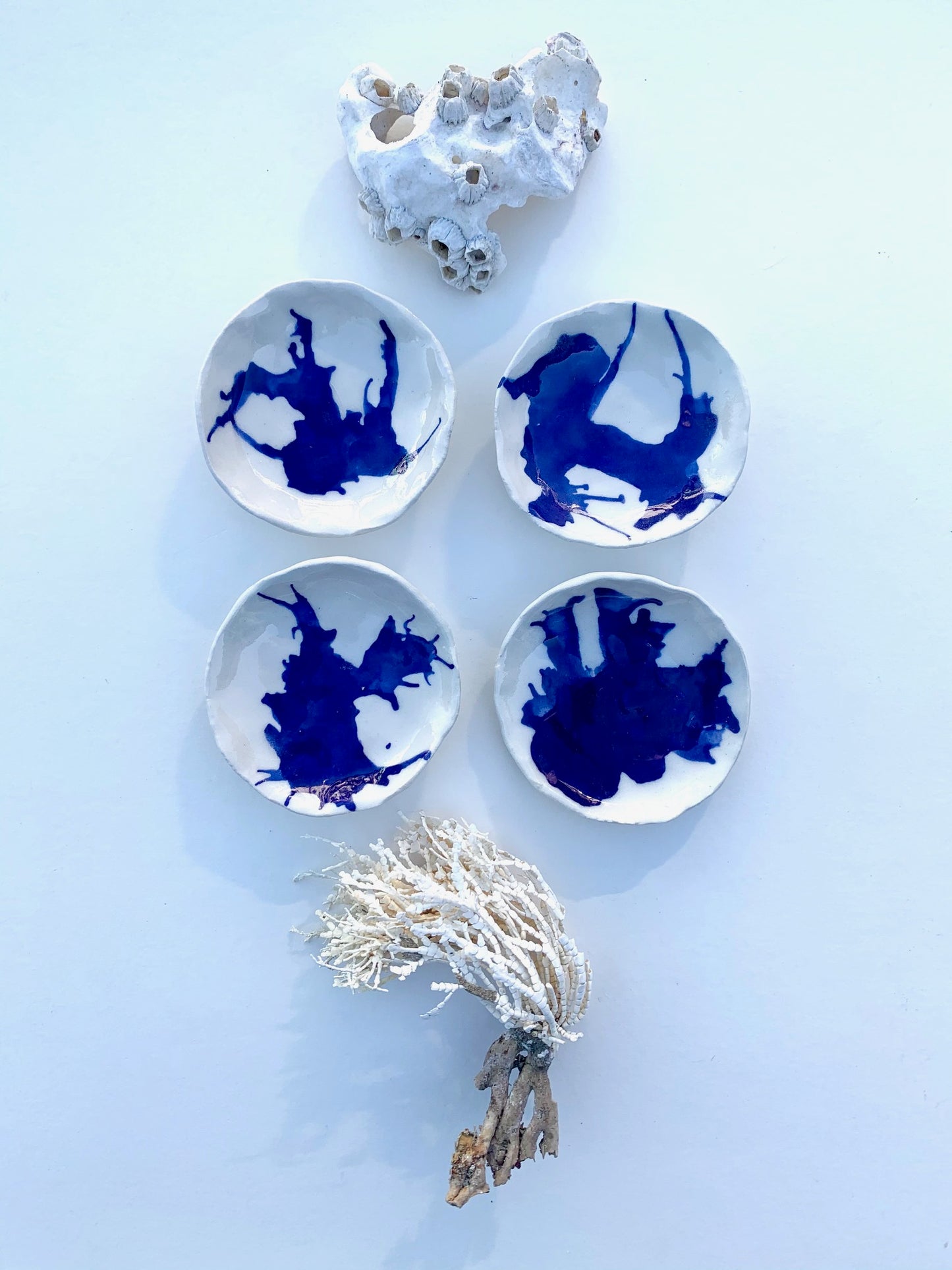 2 cobalt seaweed rests / one of a kind ceramic mini ocean plate sets