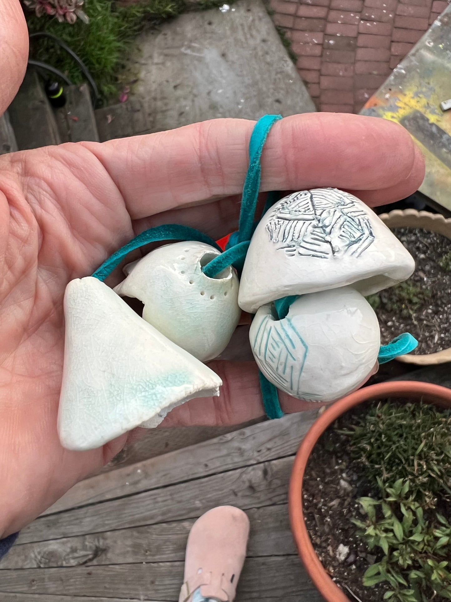 sculptural celadon & sgraffito bell bead piece - samples/seconds/sale