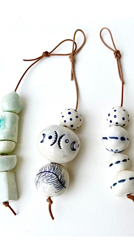 white & cobalt 3 bisque bead piece - moon/feather/dots of a samples/seconds/sale