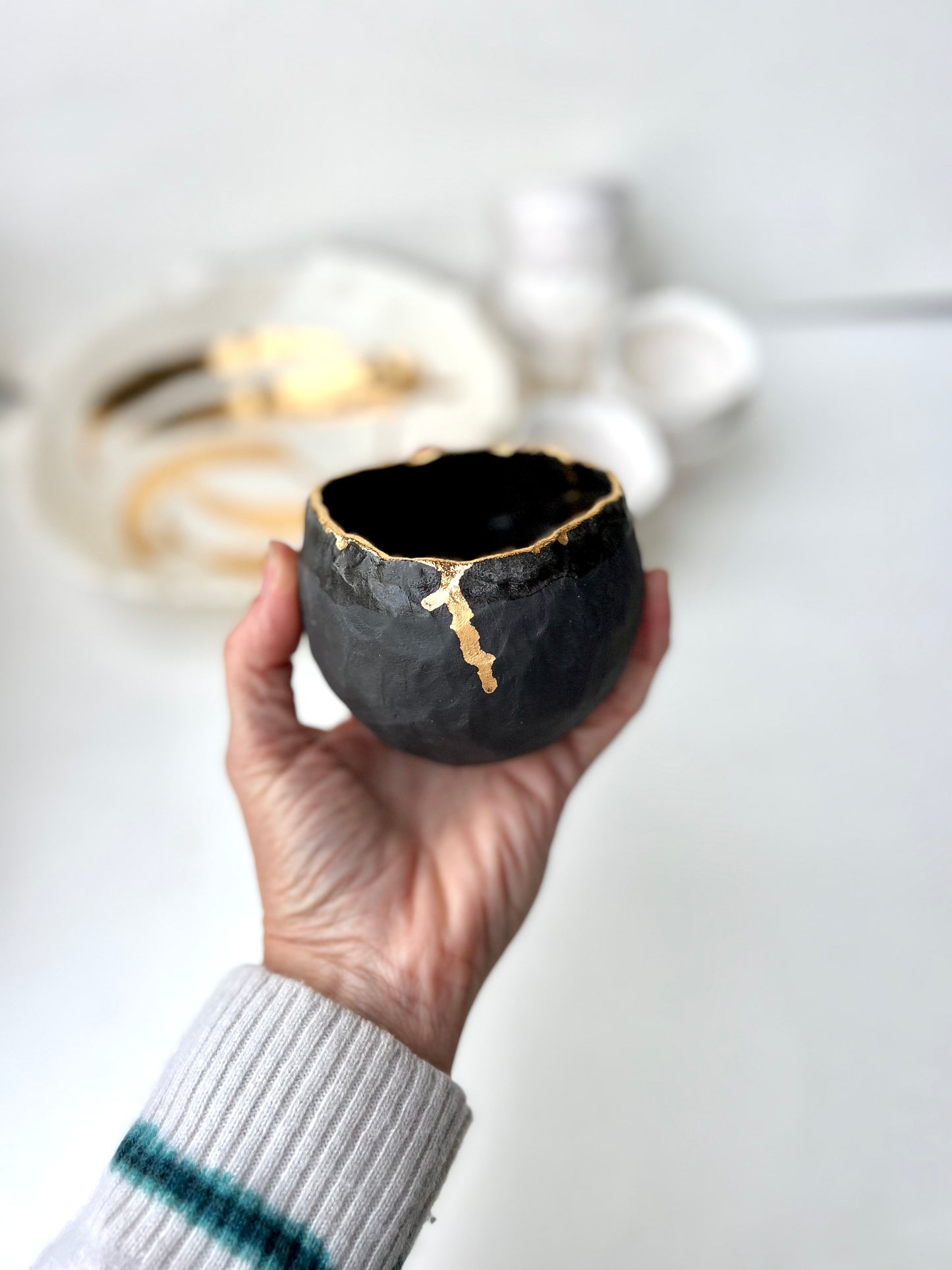 black clay & gold rimmed cup/small bowl samples/seconds/sale piece