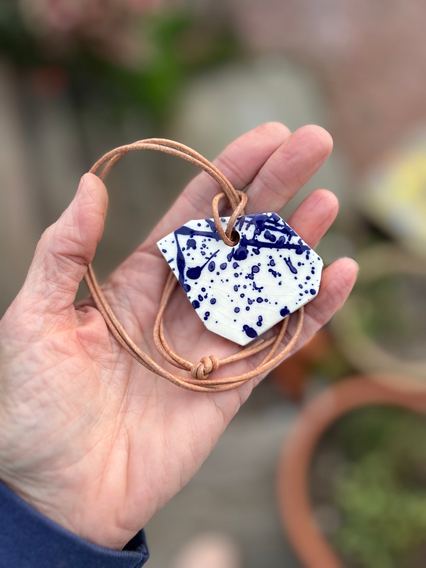 cobalt splatter jewelry on tan leather cord samples/seconds/sale piece