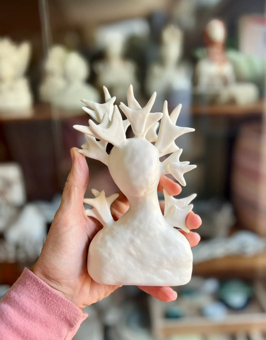 one of a kind ceramic statuette sculpture; antlered