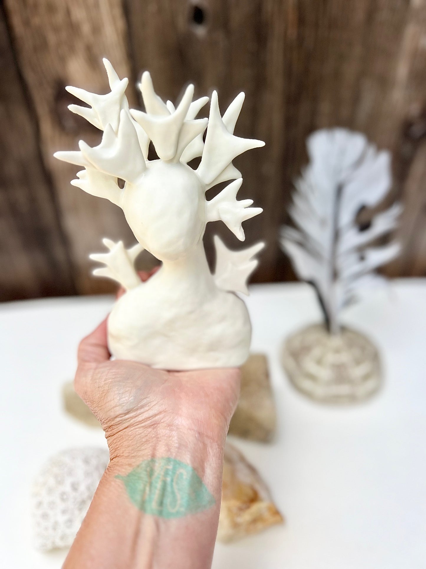 one of a kind ceramic statuette sculpture; petit faon antlered