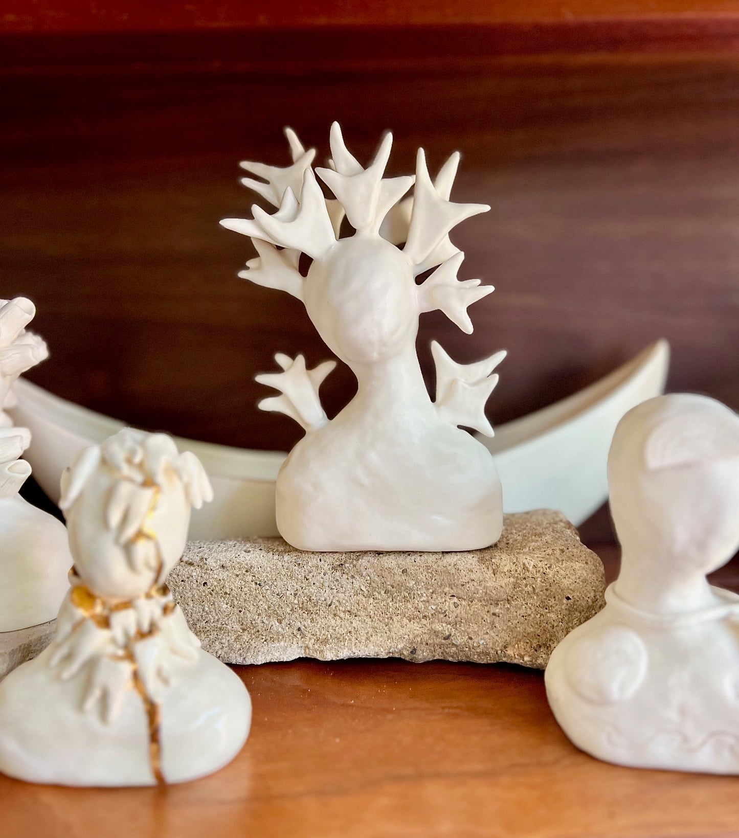 one of a kind ceramic statuette sculpture; petit faon antlered