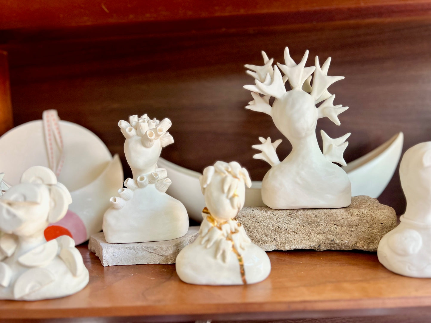 one of a kind ceramic statuette sculpture; petit faon antlered