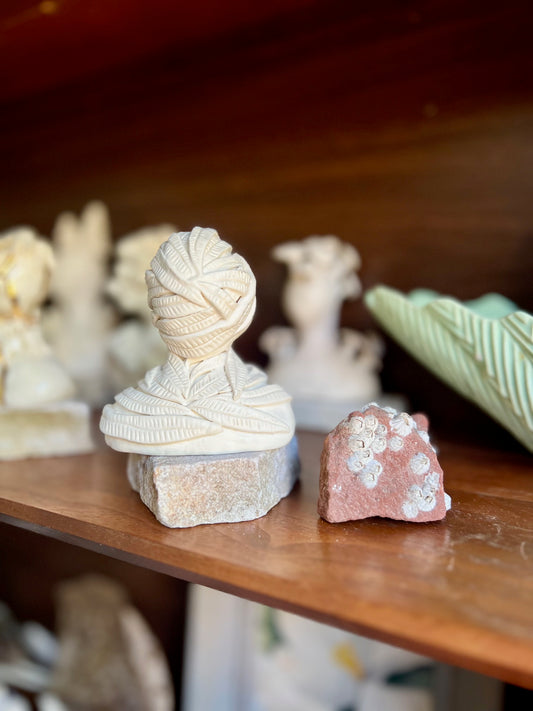 one of a kind eucalyptus lacey leaf ceramic statuette sculpture with natural base