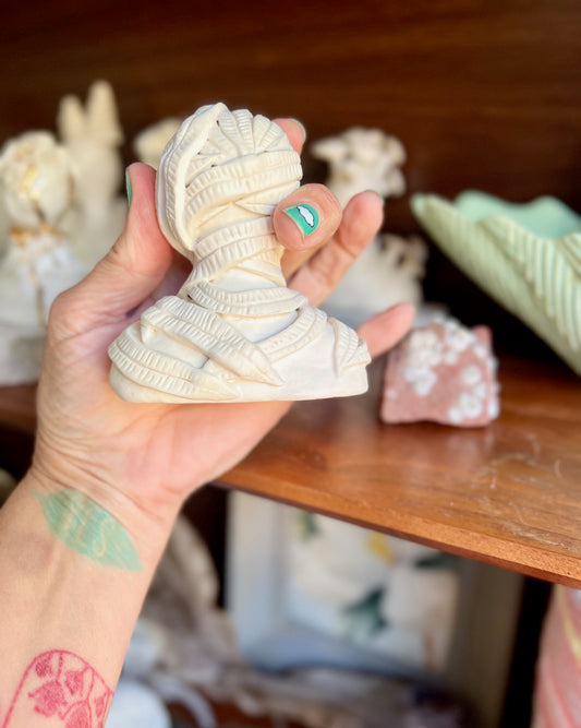 one of a kind eucalyptus lacey leaf ceramic statuette sculpture with natural base