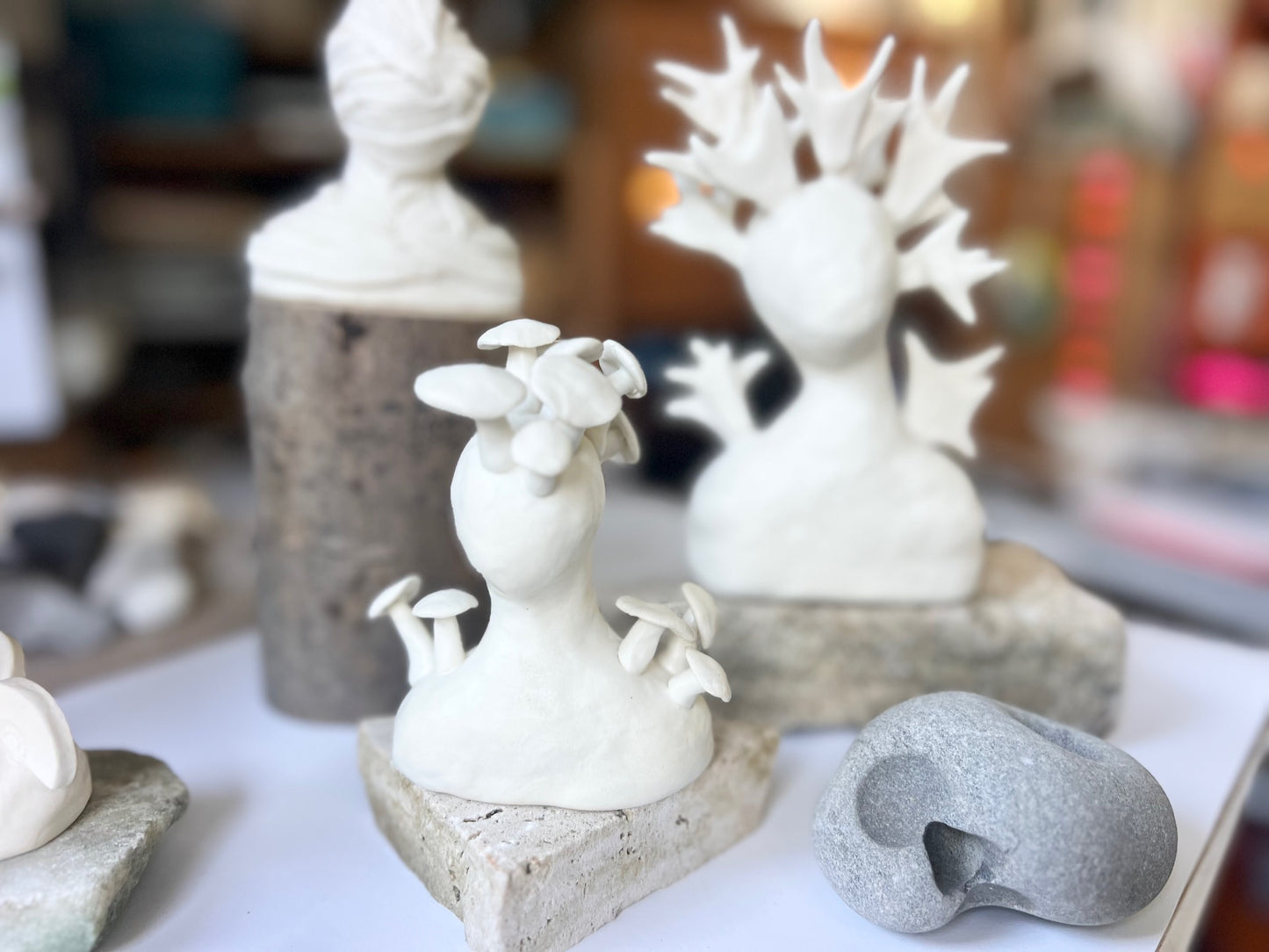 one of a kind ceramic statuette sculpture; petit faon antlered
