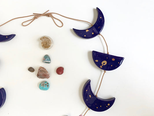 sold - starry night, cobalt & gold horizontal moon phases wall piece