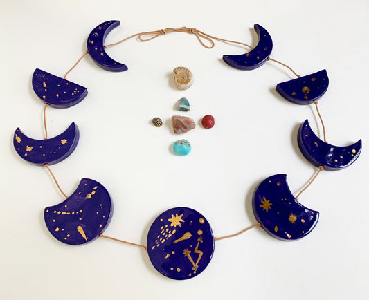 sold - starry night, cobalt & gold horizontal moon phases wall piece