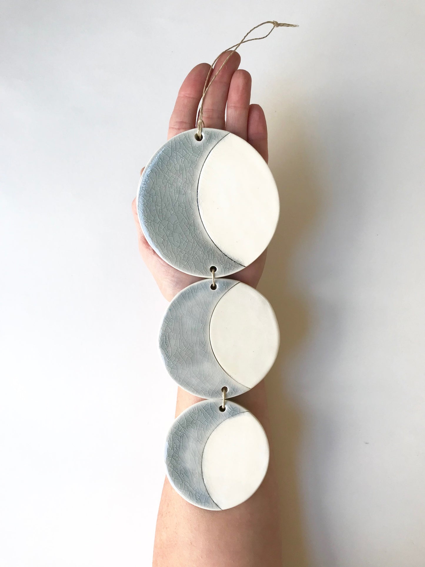 SOLD - triple silver sound of the crescent moon ceramic vertical wall piece